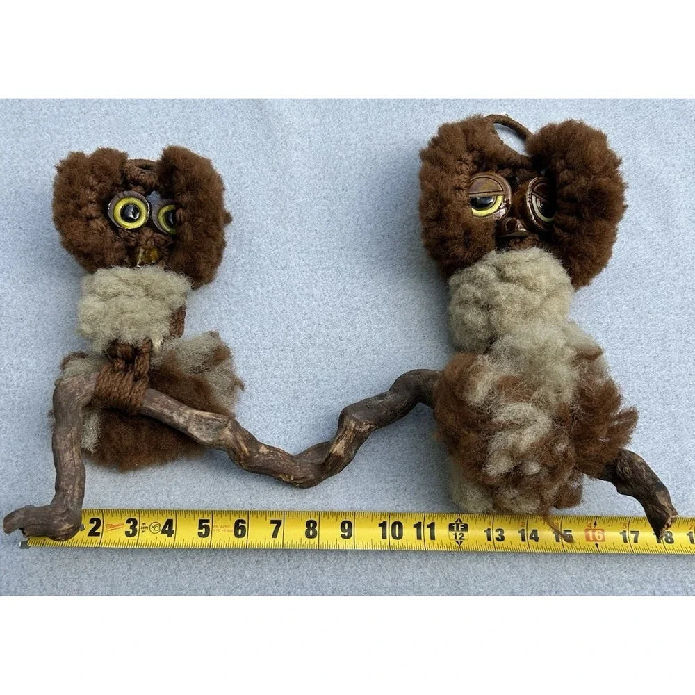 VTG Macrame Owls Perched on Wood Wall Hanging Wood Fluffy 70's MCM Brown